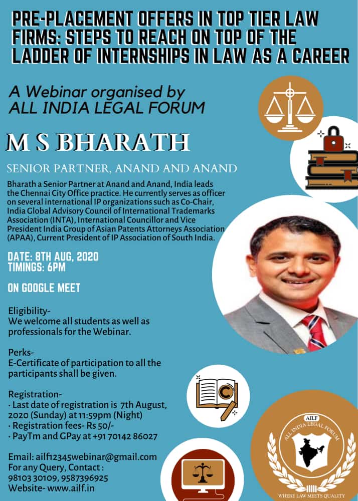 Webinar On the topic “Pre-Placement Offers in top tier law firms: Steps to reach on top of the ladder of internships in law as a career.”