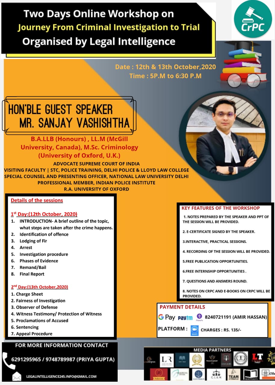Two days Online Workshop on “Journey From Criminal Investigation to Trial” Organised by Legal Intelligence