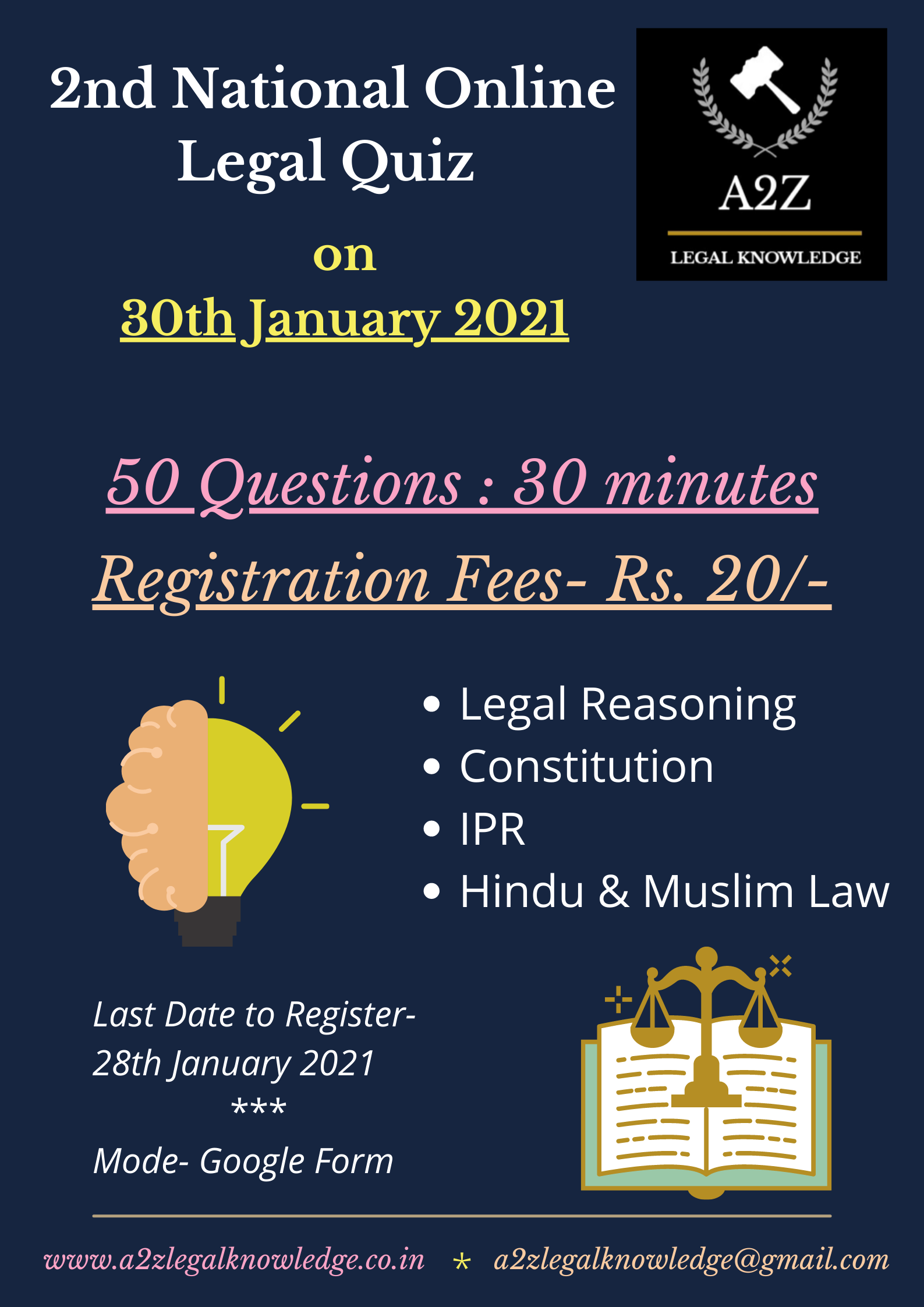 2nd National Online Legal Quiz (Legal Reasoning, Constitution, IPR, Hindu & Muslim Law) by A2Z Legal Knowledge