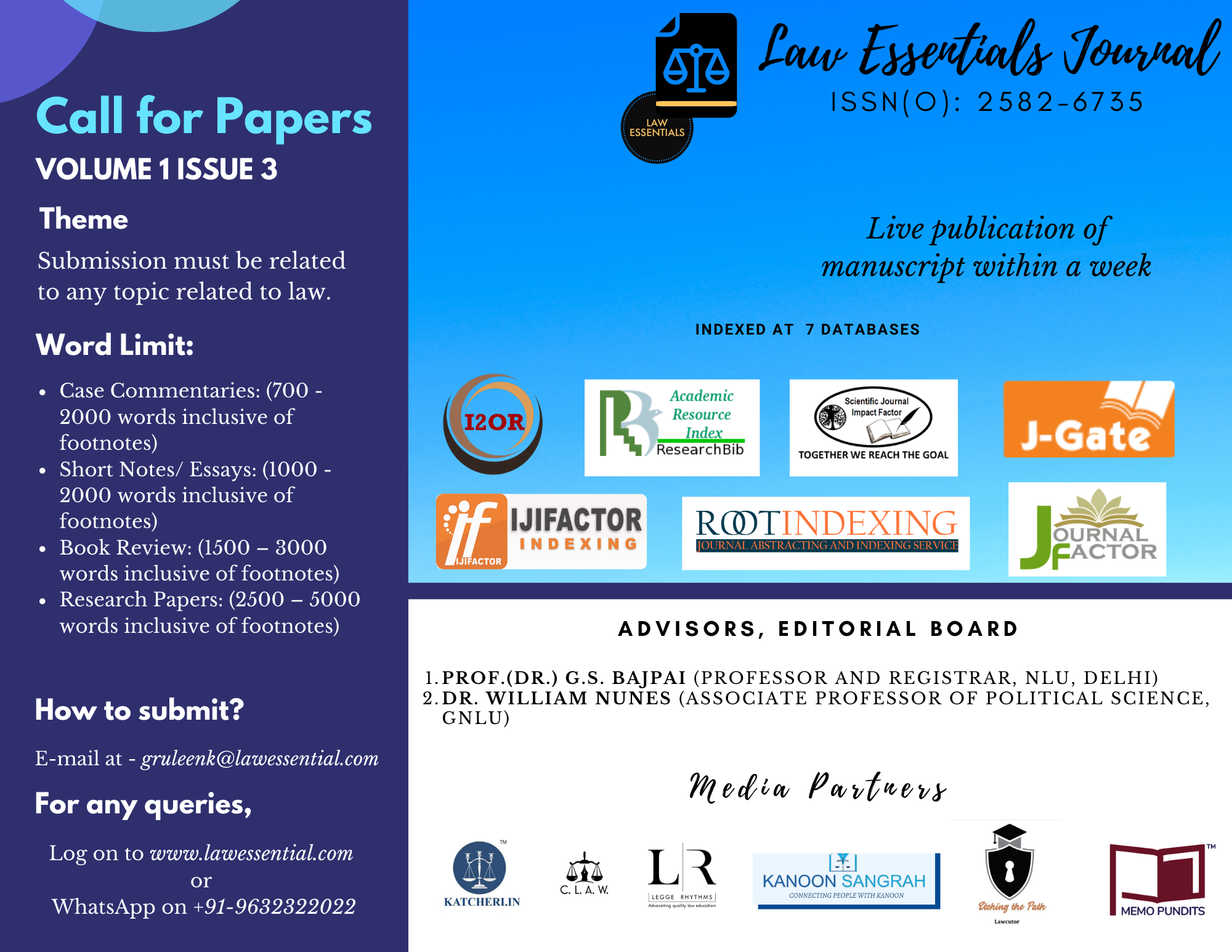 CALL FOR PAPERS (VOLUME 1, ISSUE 3) | Jan – March 2021: Law Essentials Journal ISSN(O): 2582:6735