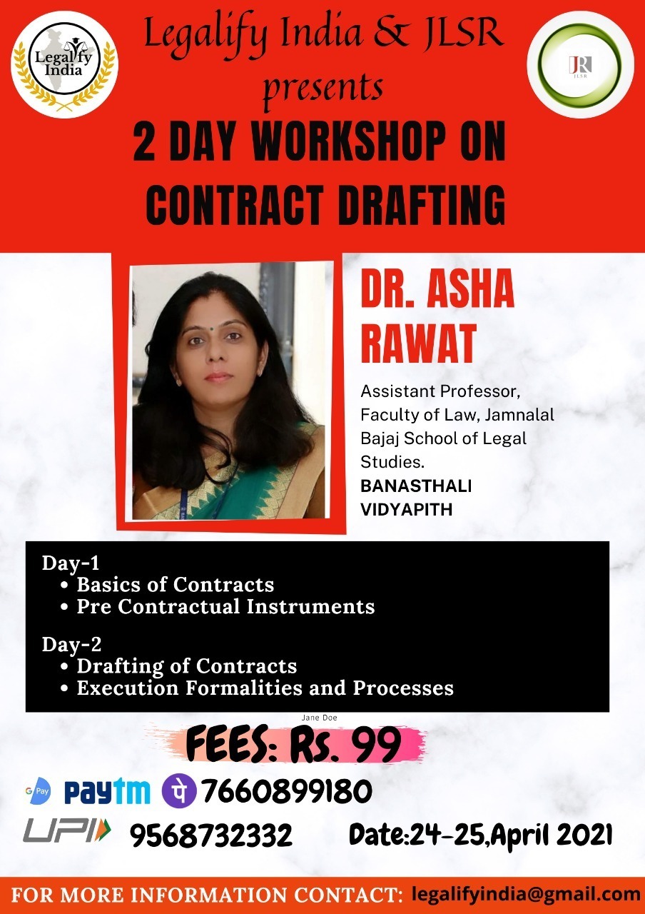 2 DAY WORKSHOP ON “CONTRACT DRAFTING” BY LEGALIFY INDIA & JLSR [LIMITED SEATS!!!] : REGISTER NOW!!!