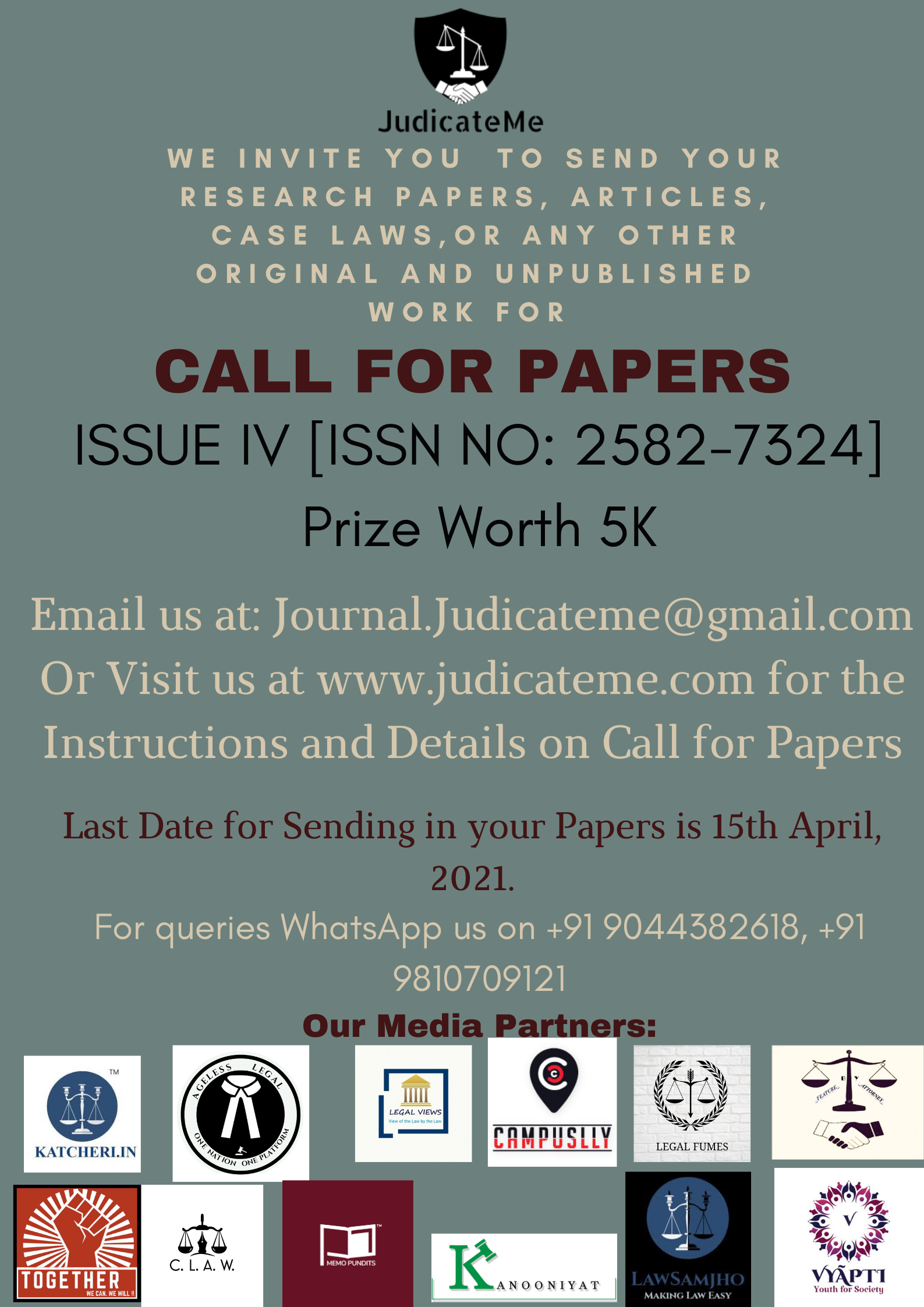 CALL FOR PAPERS Volume I, Issue IV, JudicateMe (ISSN 2582-7324) [Prize worth 5K]