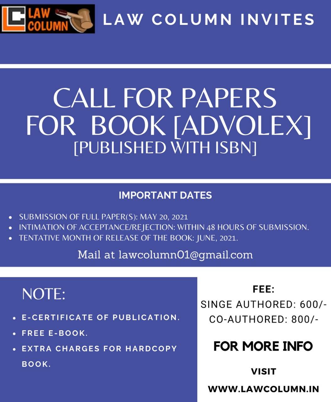 Call For Papers for book ‘AdvoLex by Law Column’ Published with Isbn : Submit By May 20, 2021