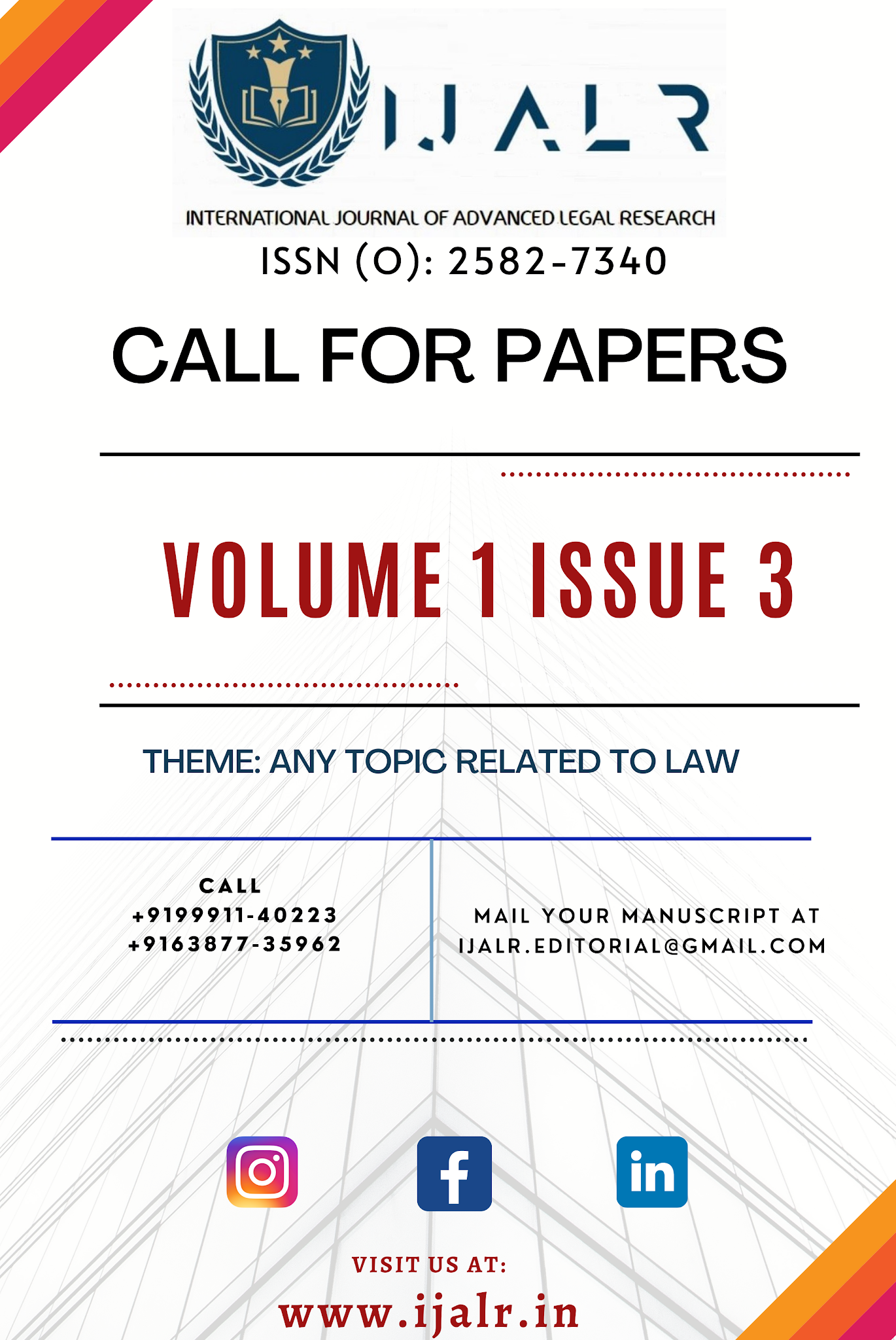 Call for Papers Volume 1 Issue 3: International Journal of Advanced Legal Research [ISSN: 2582-7340]