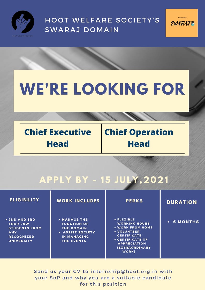Hiring “Chief Executive Head” & “Chief Operational Head”: Swaraj Domain, Hoot Welfare Society