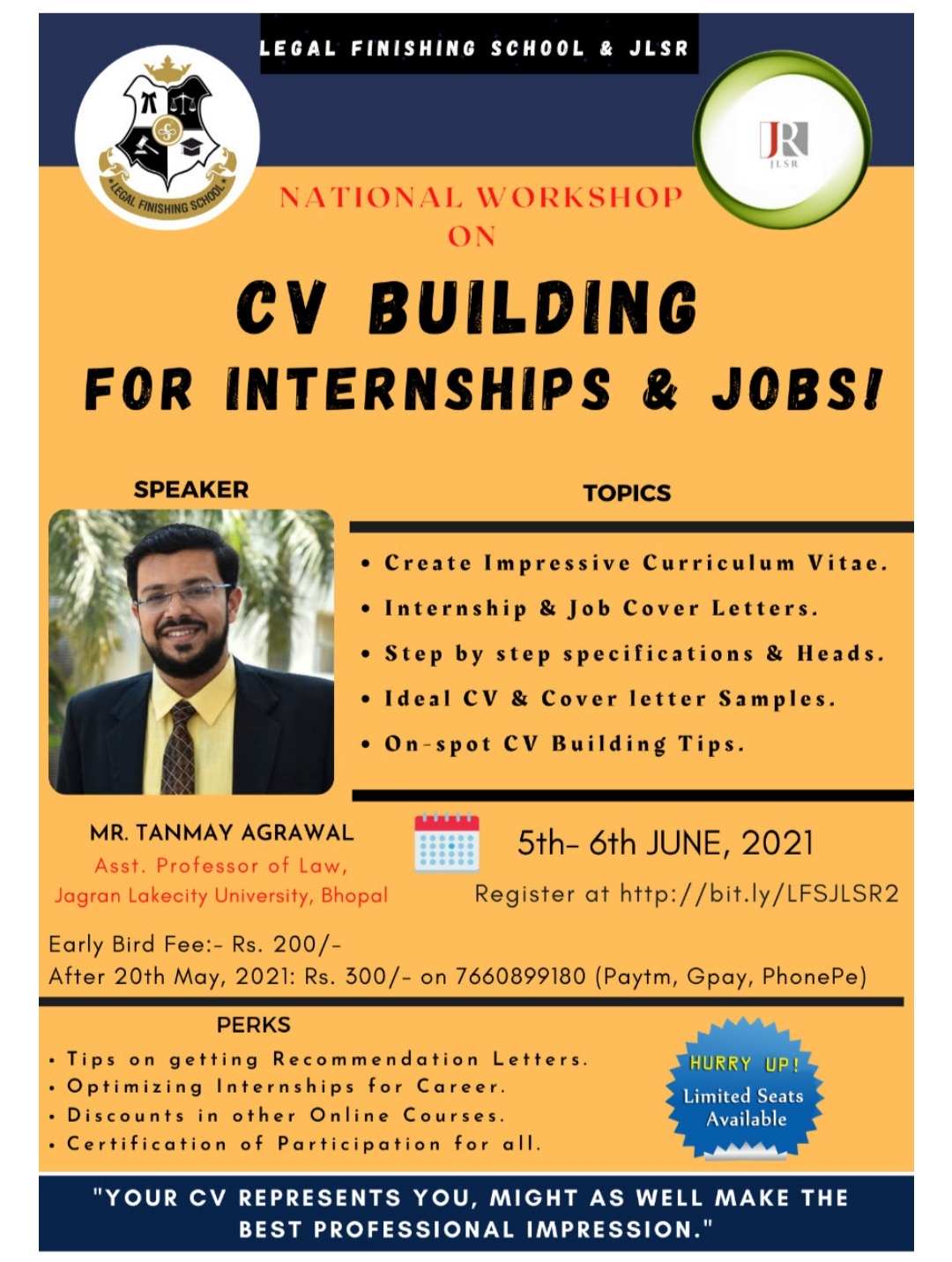 NATIONAL WORKSHOP ON “CV BUILDING FOR JOBS & INTERNSHIPS” BY LEGAL FINISHING SCHOOL & JLSR JOURNAL: REGISTER NOW!!