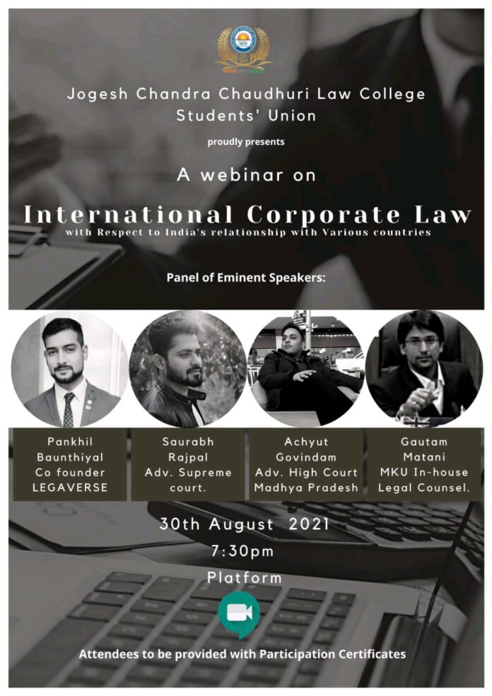 Webinar on International Corporate Law | Jogesh Chandra Chaudhuri Law College | 30th Aug, 2021