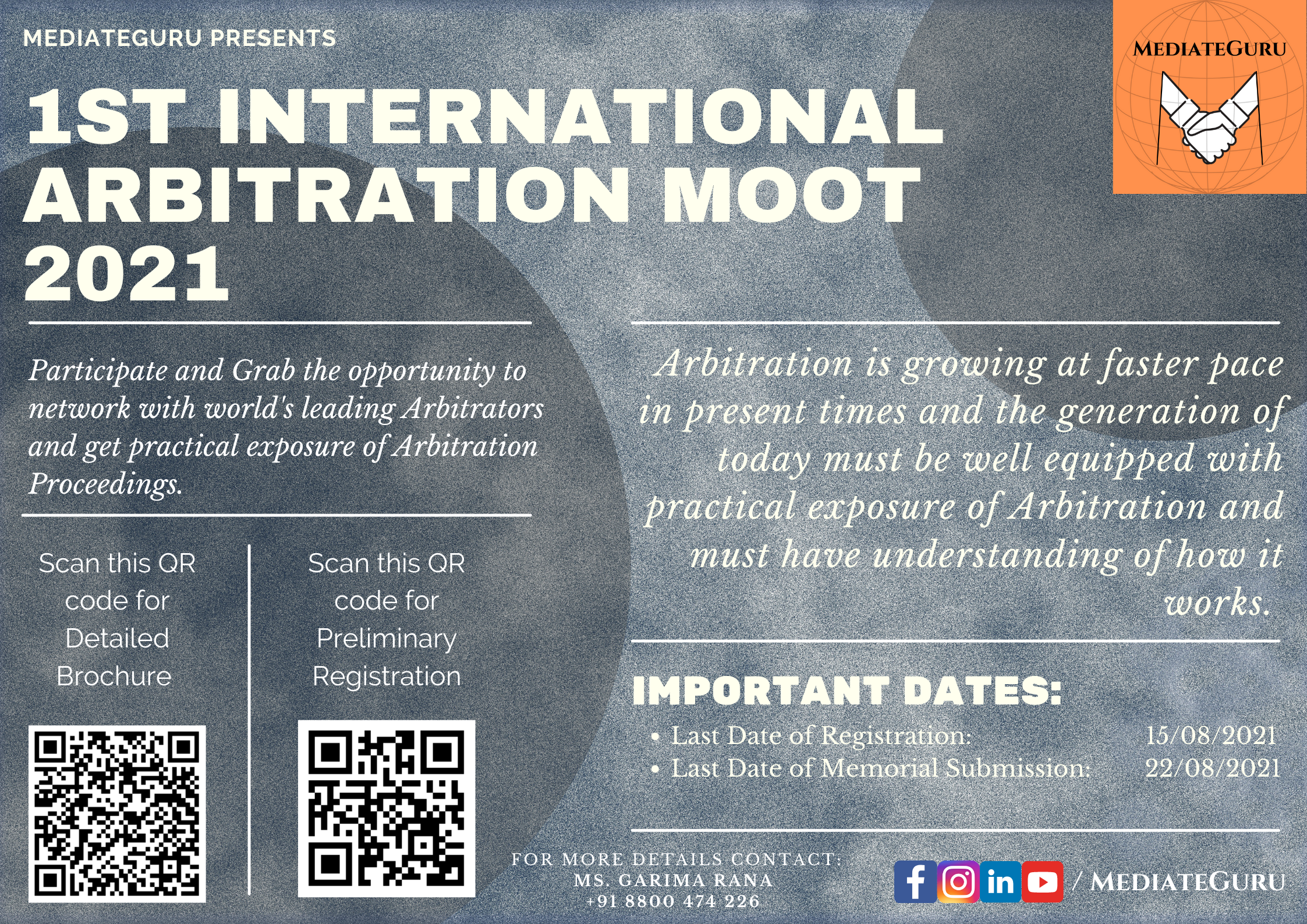 1st International Arbitration Moot 2021 organized by MediateGuru. [Sep 10-14]: Register by Aug 15