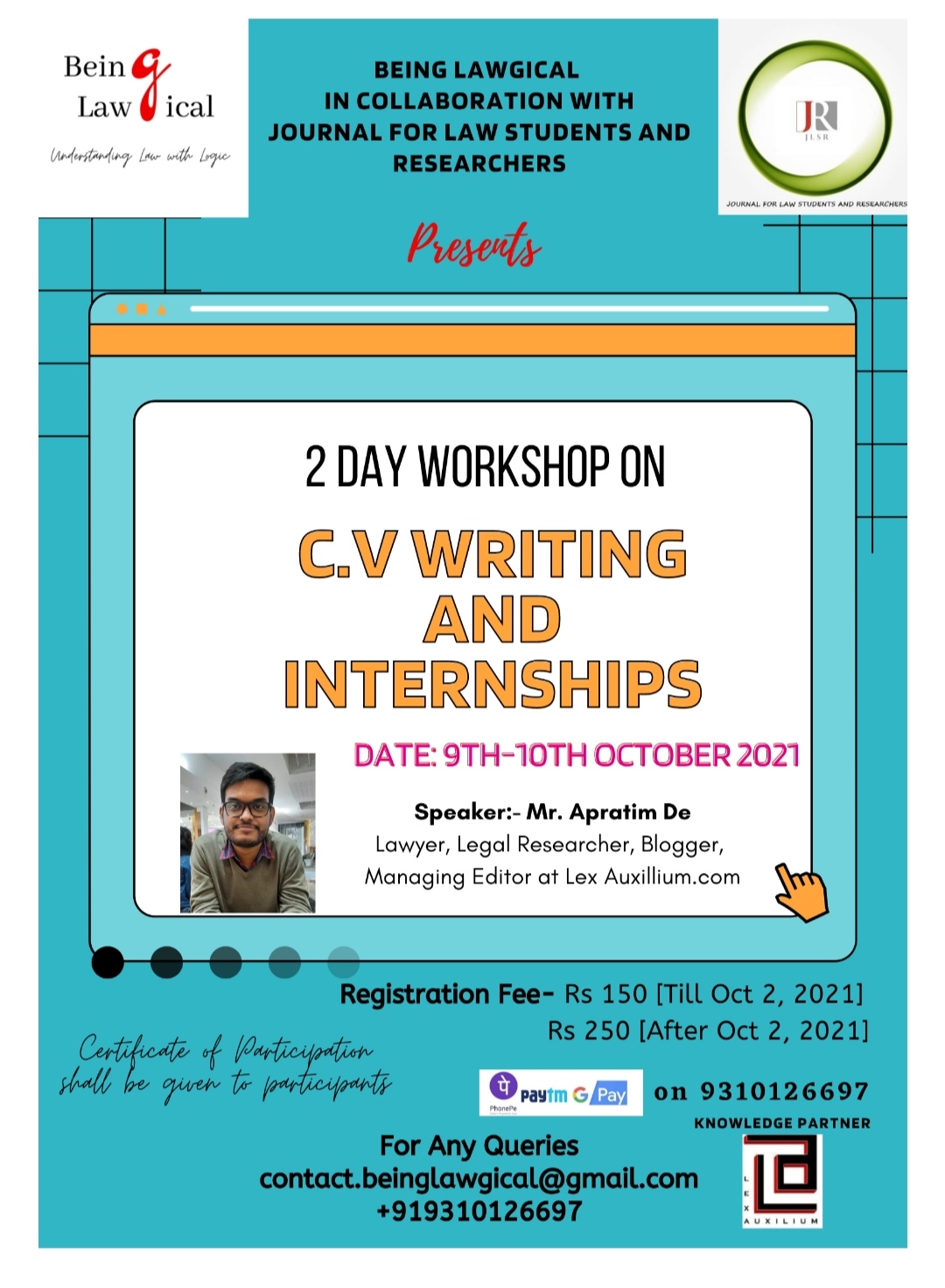 2-Day Workshop On “Cv Writing And Internships” By Being Lawgical & JLSR : Register Now!!