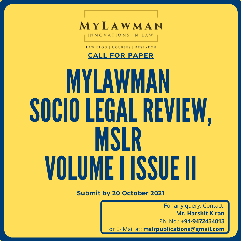 Call for Papers | MyLawman Socio Legal Review Journal by MyLawman | Submit by 20 October 2021
