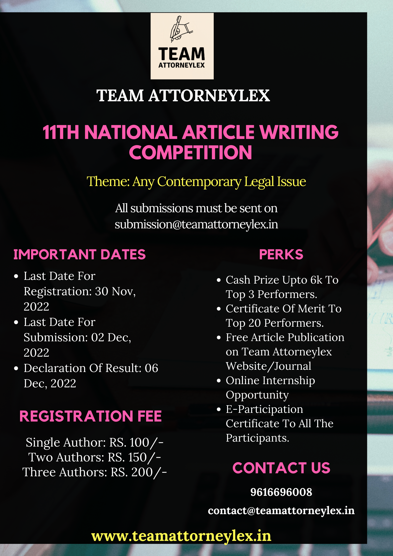 11th National Article Writing Competition Organised By Team Attorneylex: Register by November 30