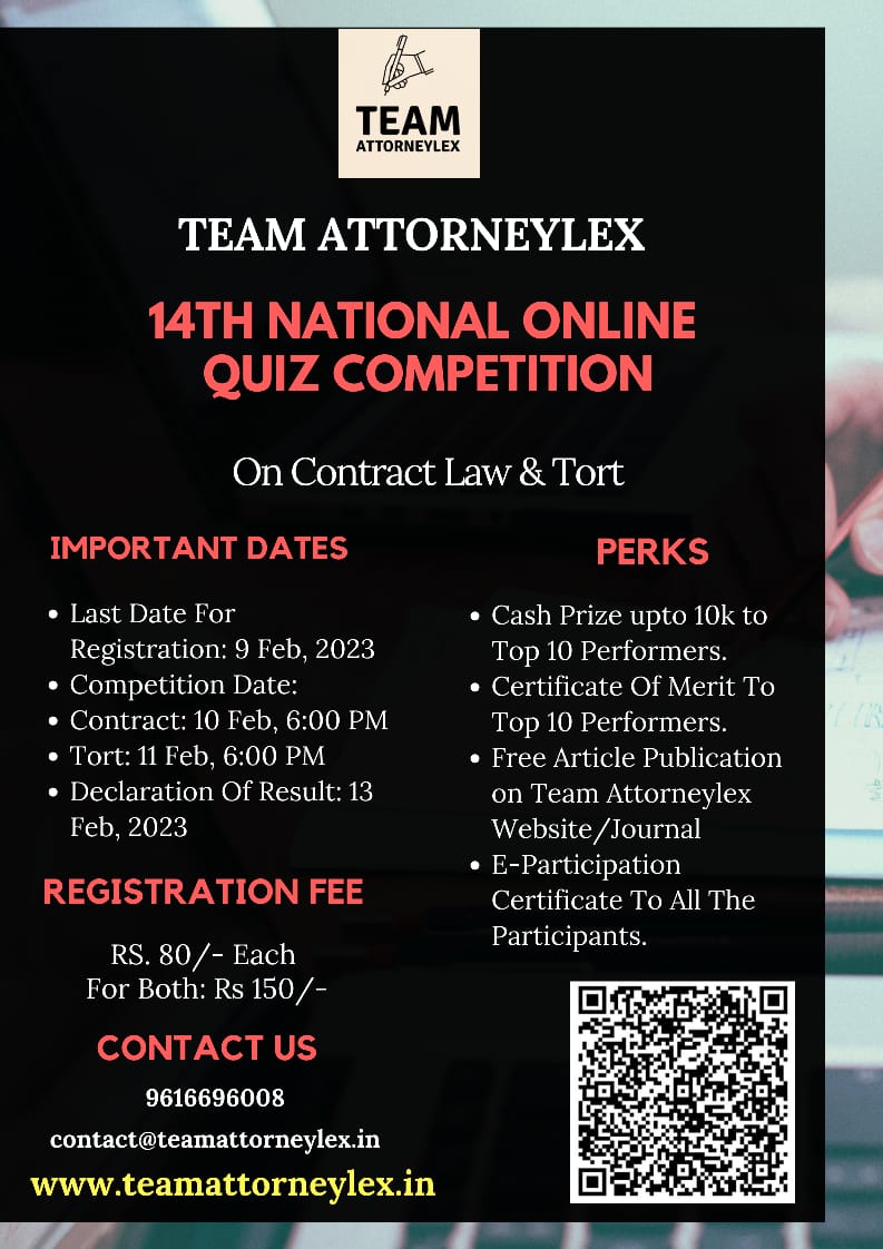 14th National Online Quiz Competition on Contract Law & Law of Torts: Register by 9th February